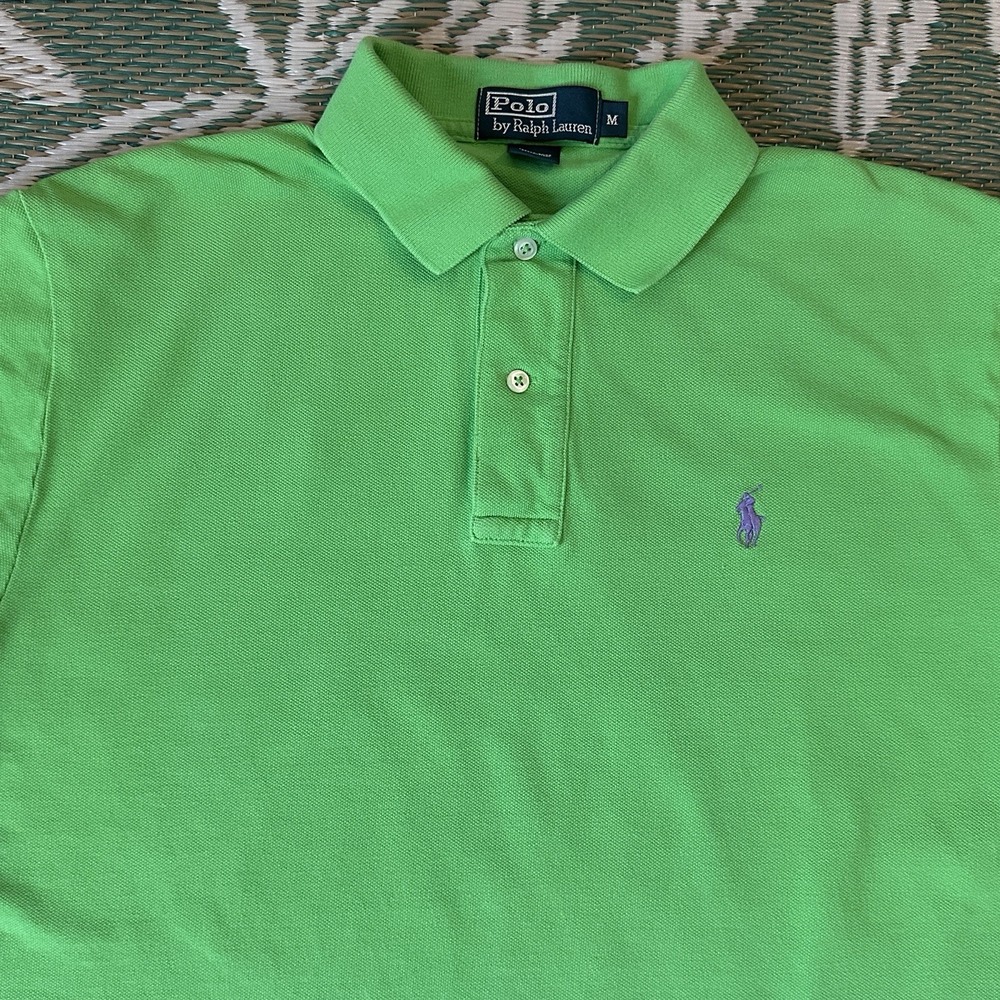 Polo Ralph Lauren Mens Medium Neon Green Blue Pony Cotton Pique Polo Golf Shirt